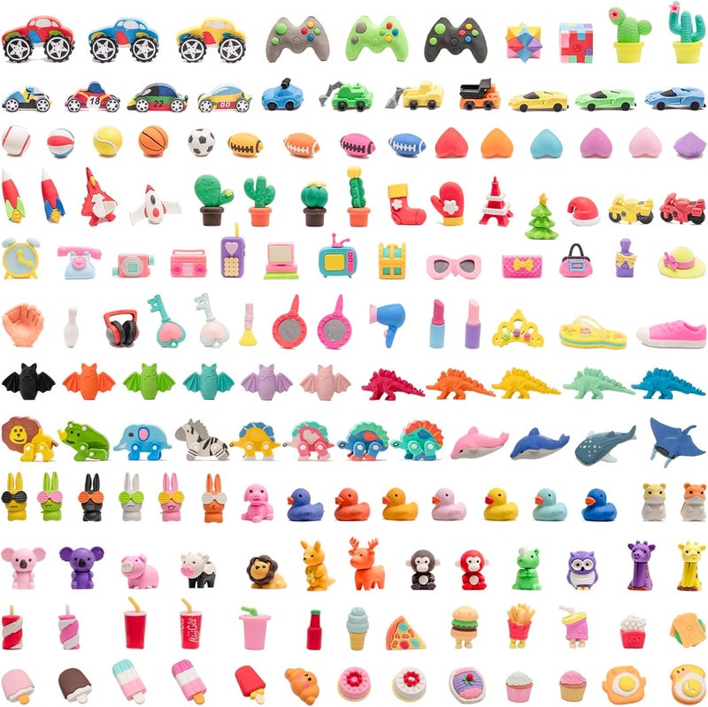 Clock King 156pcs 3D Cute Kids Erasers, Random Desktop Pet Toys Gifts, Classroom Rewards Kids Party Gifts, Various Styles Such as Animals, Food, Plants, Space, Princess, Sports, Halloween, Christmas - Image 1